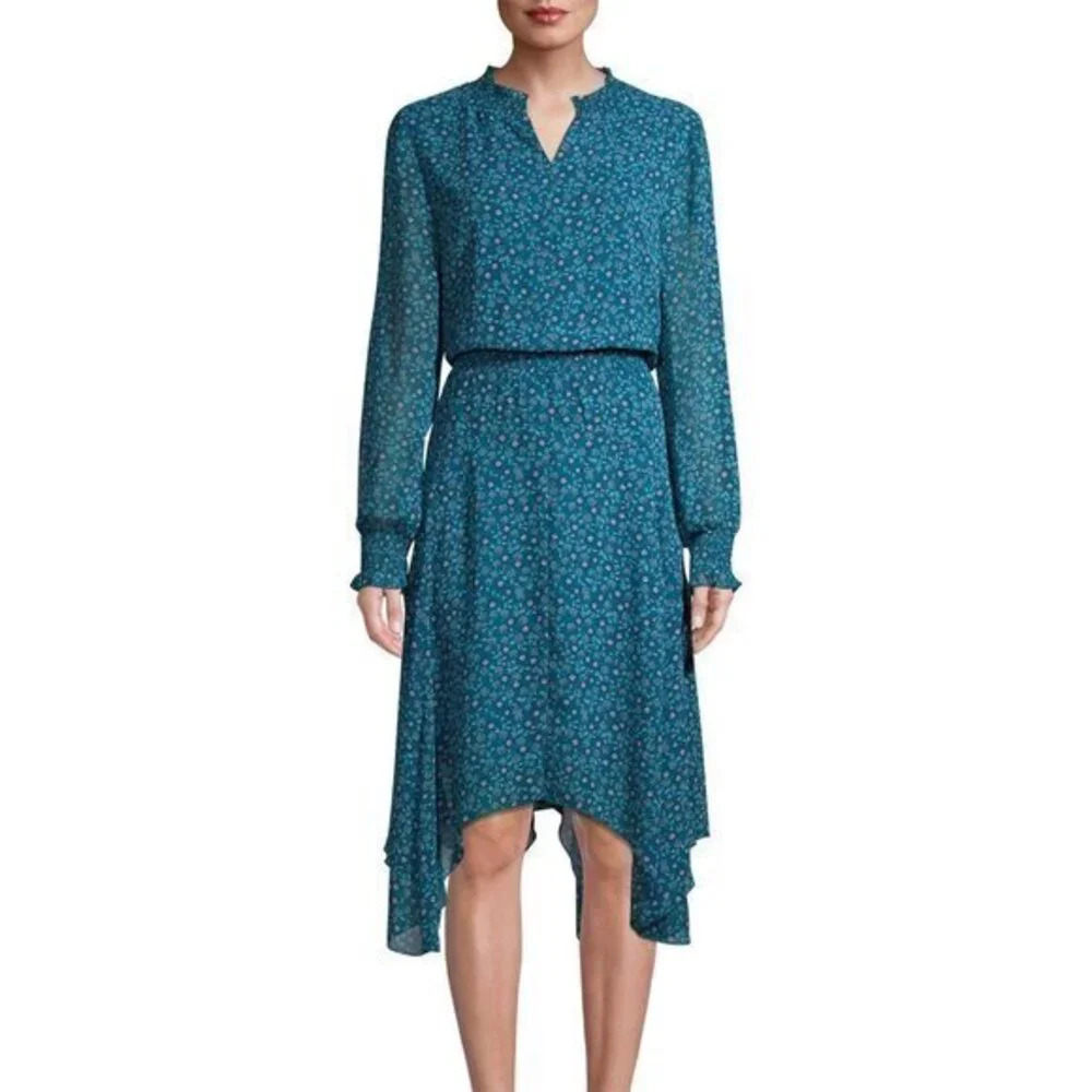 Time and Tru Teal Blue Floral Long Sleeve Dress S NWOT